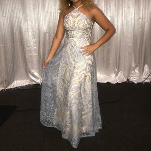 Simple blue patterned stretchy prom dress